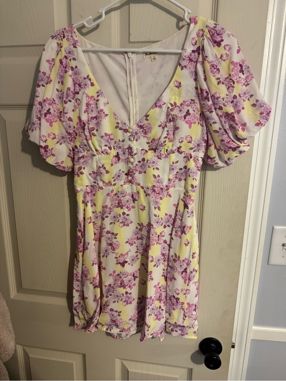 For Love & Lemons Yellow Mini Dress with Purple Floral Print